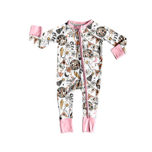Long sleeves floral Happy New Year baby girls zipper romper