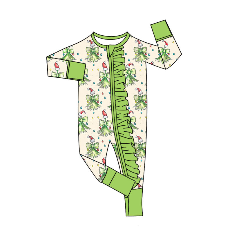 Green face bow ruffle baby girls Christmas zipper romper