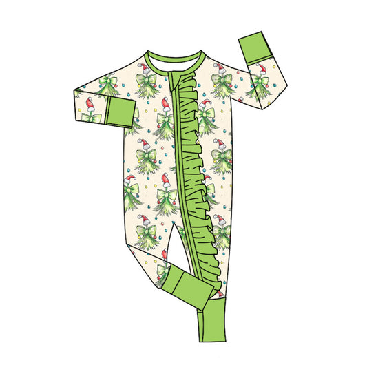 Green face bow ruffle baby girls Christmas zipper romper
