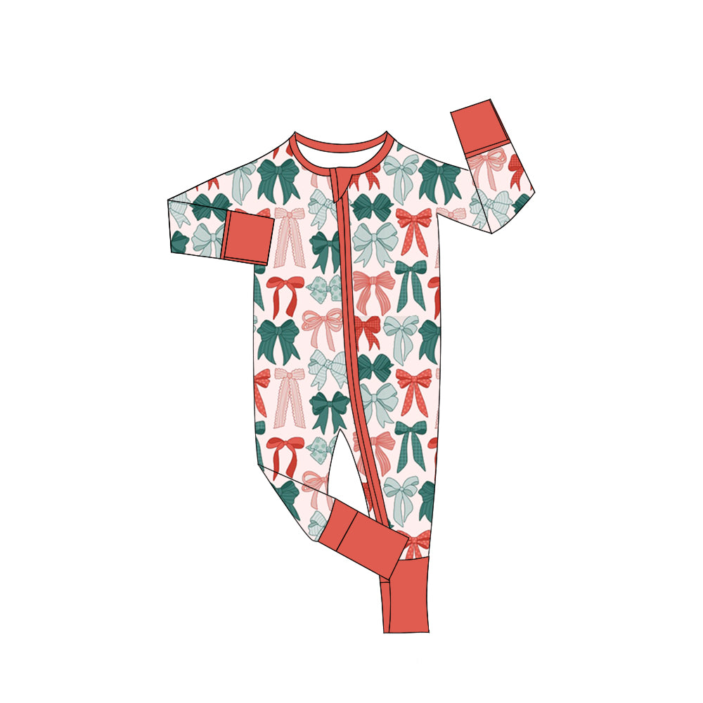 Long sleeves red green bow baby Christmas zipper romper