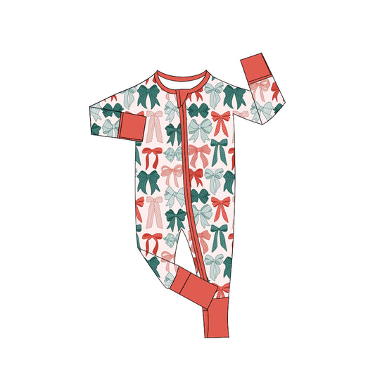 Long sleeves red green bow baby Christmas zipper romper