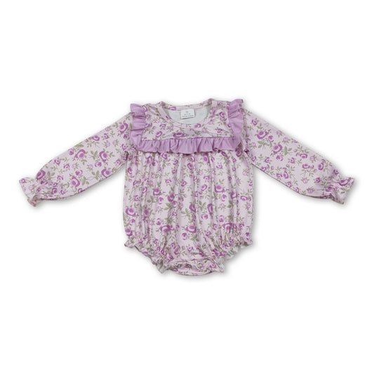 Long sleeves pink ruffle floral baby girls romper