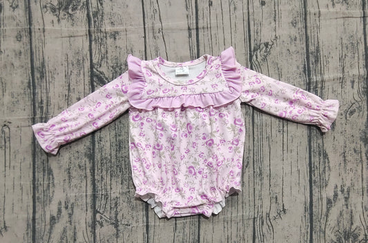 Long sleeves pink ruffle floral baby girls romper
