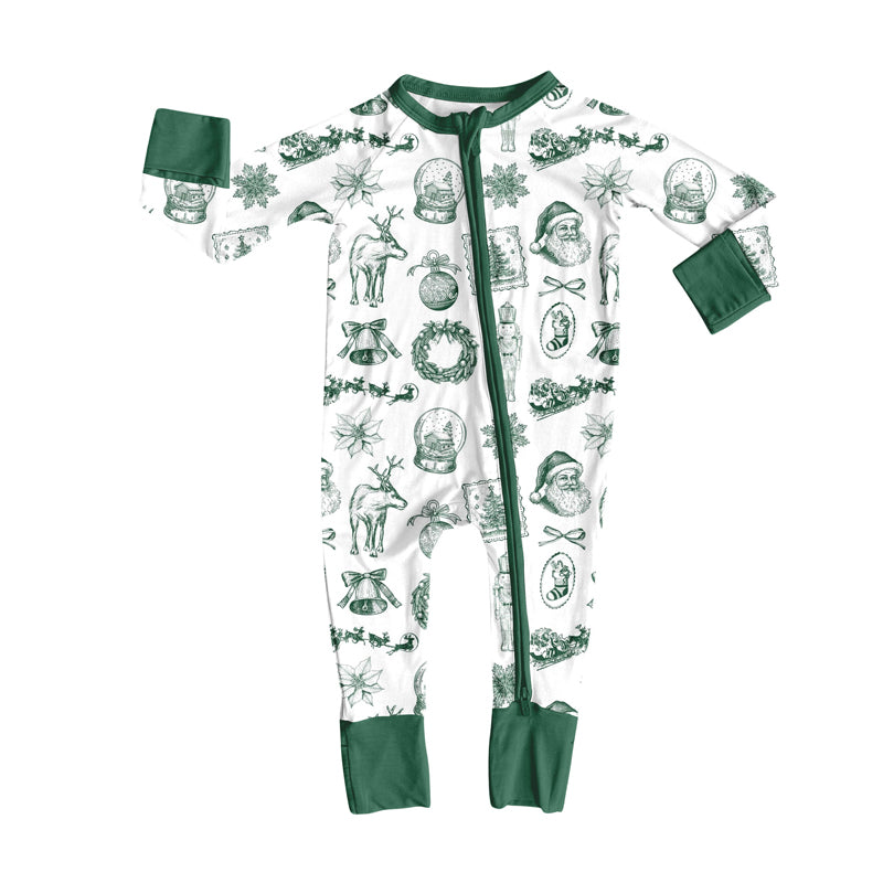 Green santa deer bow baby Christmas zipper romper