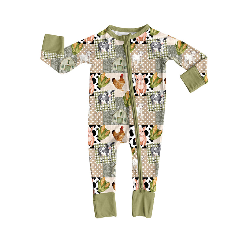 Pig cow chicken corn farm baby boy zipper romper