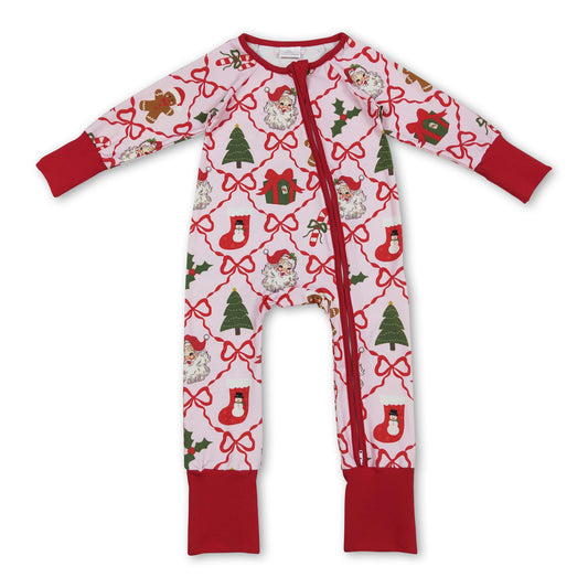 Red bow santa gingerbread baby Christmas zipper romper