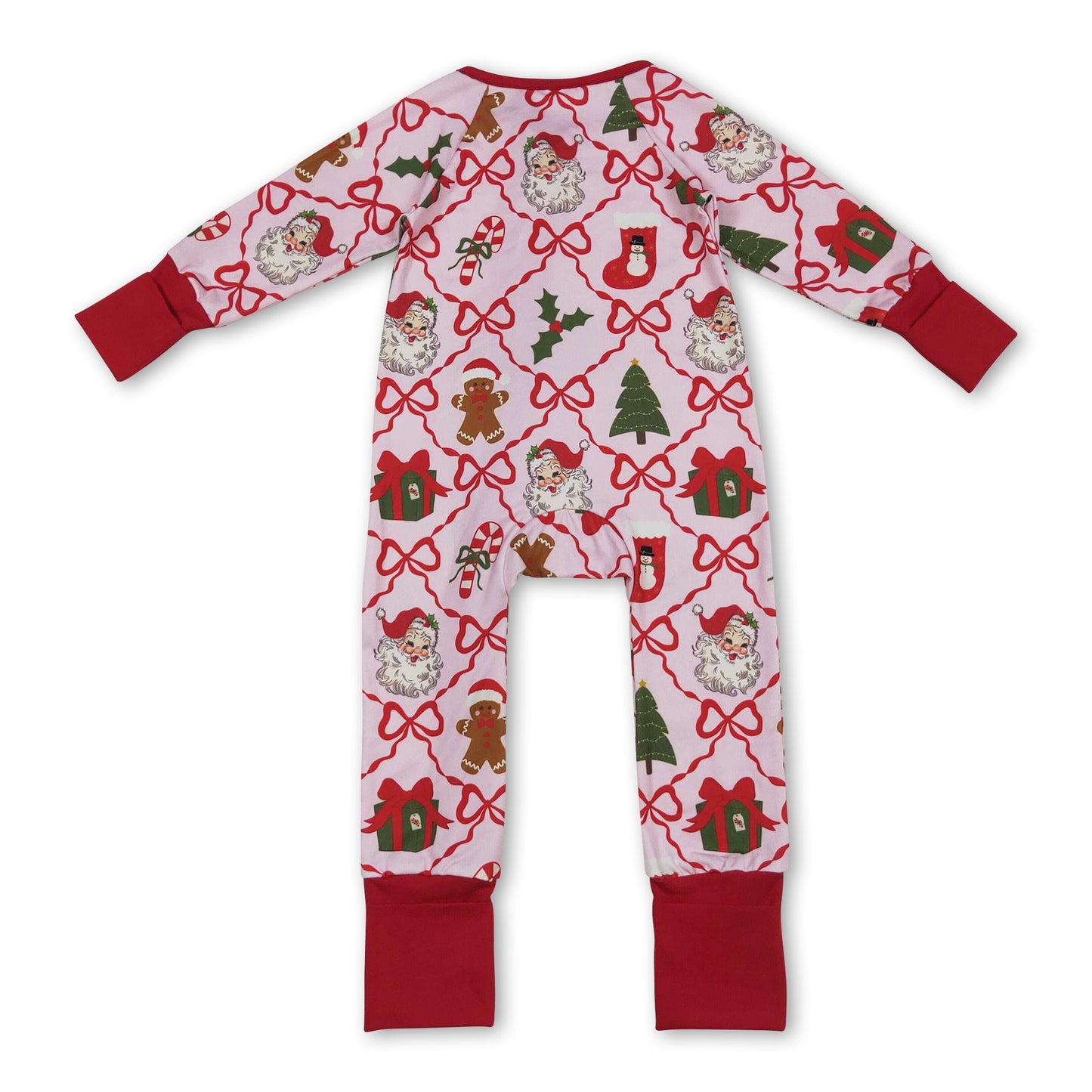 Red bow santa gingerbread baby Christmas zipper romper