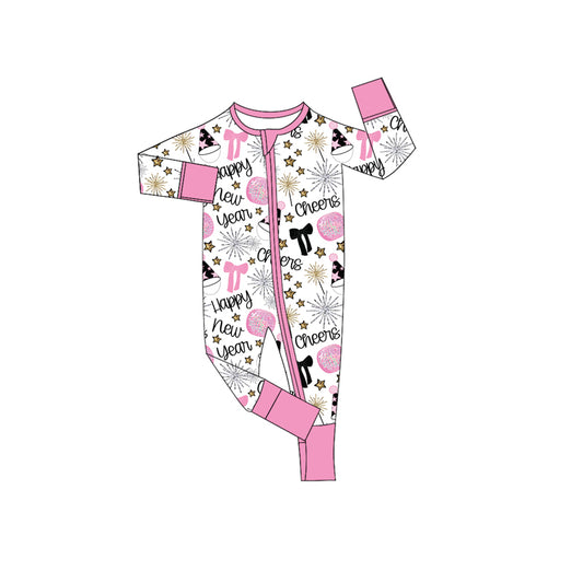 Pink bow Happy New Year baby girls zipper romper