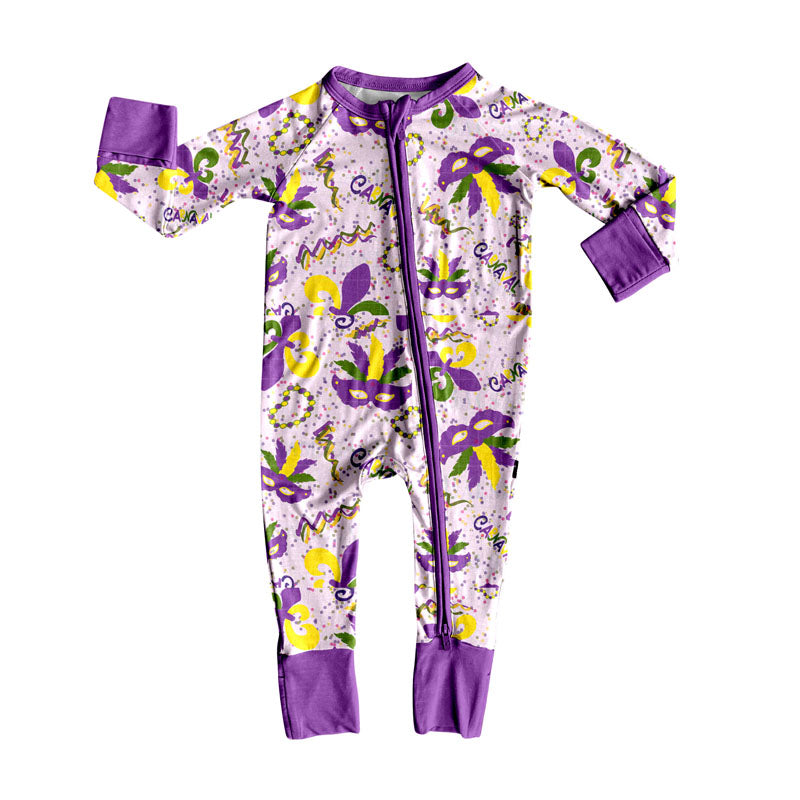 Long sleeves purple masks baby girls Mardi Gras romper