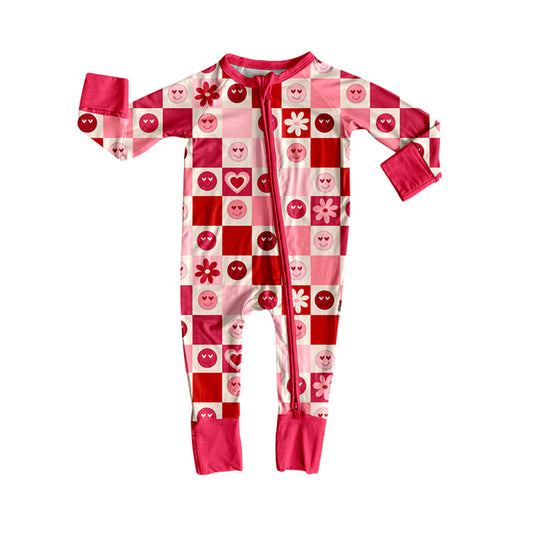 Smile floral heart plaid baby girls Valentine's zipper romper