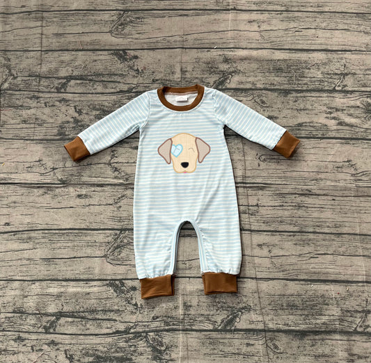 Light blue stripe dog heart baby boy Valentine's day romper