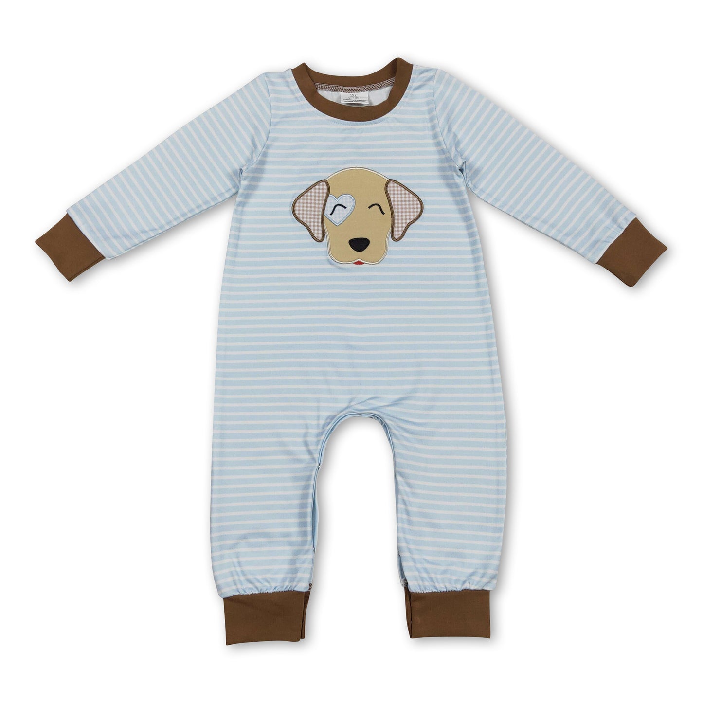 Light blue stripe dog heart baby boy Valentine's day romper
