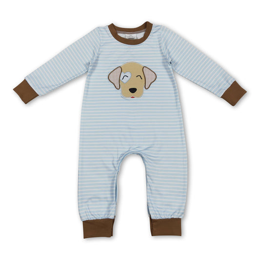 Light blue stripe dog heart baby boy Valentine's day romper