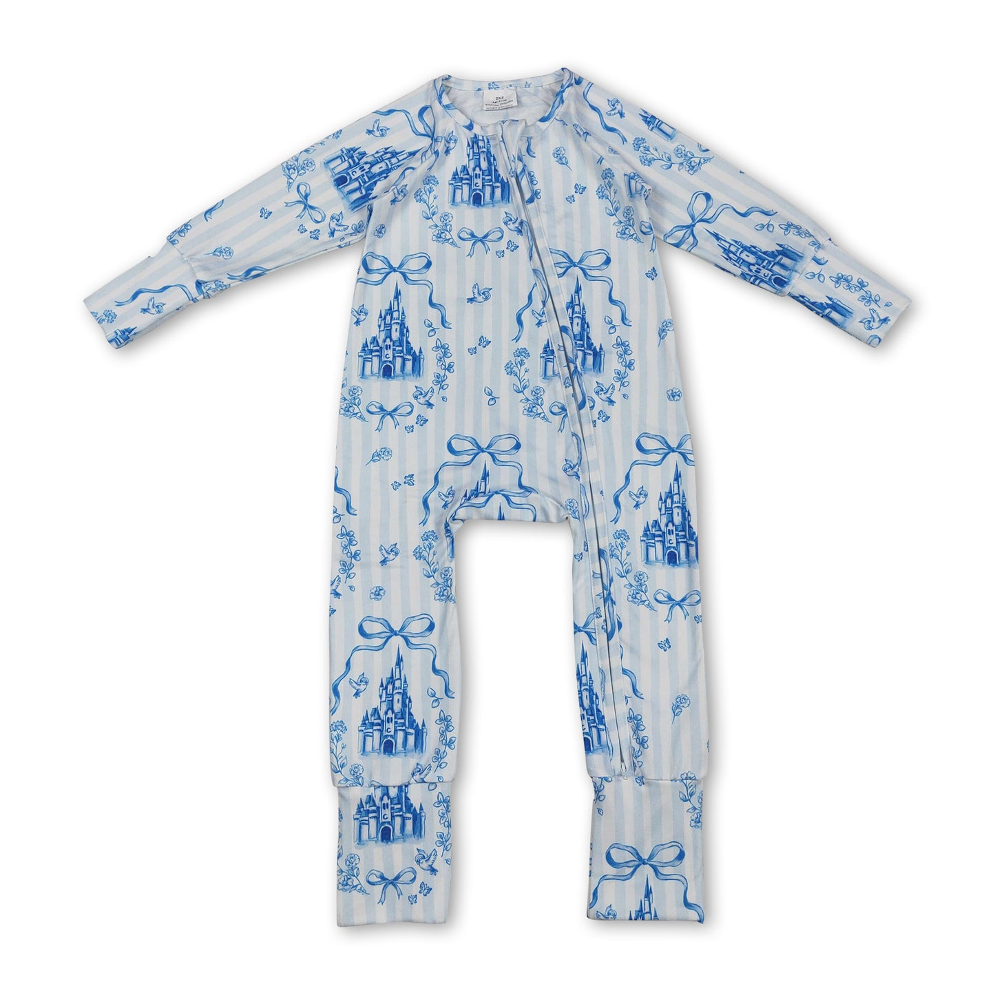 Long sleeves blue stripe bow castle girls zipper romper