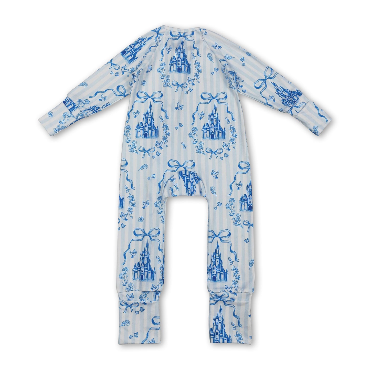 Long sleeves blue stripe bow castle girls zipper romper
