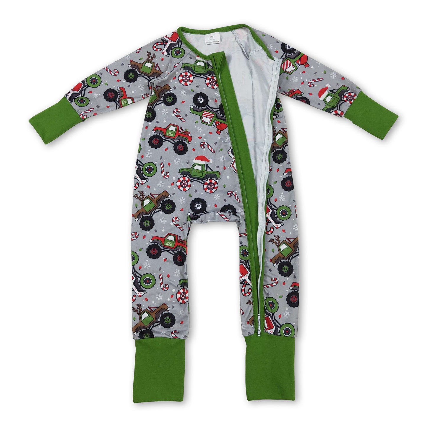 Green long sleeves Christmas hat truck baby boy zipper romper
