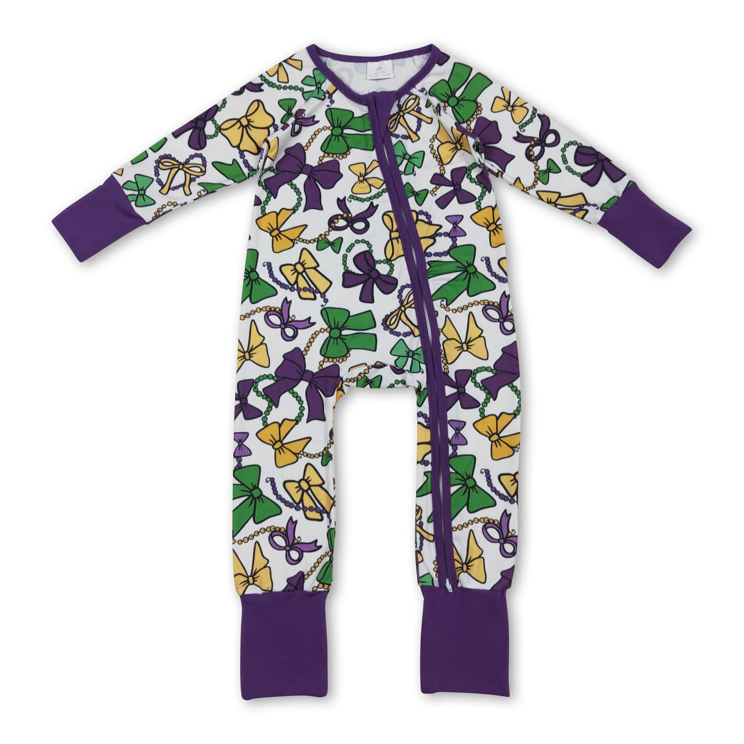 Purple green yellow bows baby Mardi Gras zipper romper