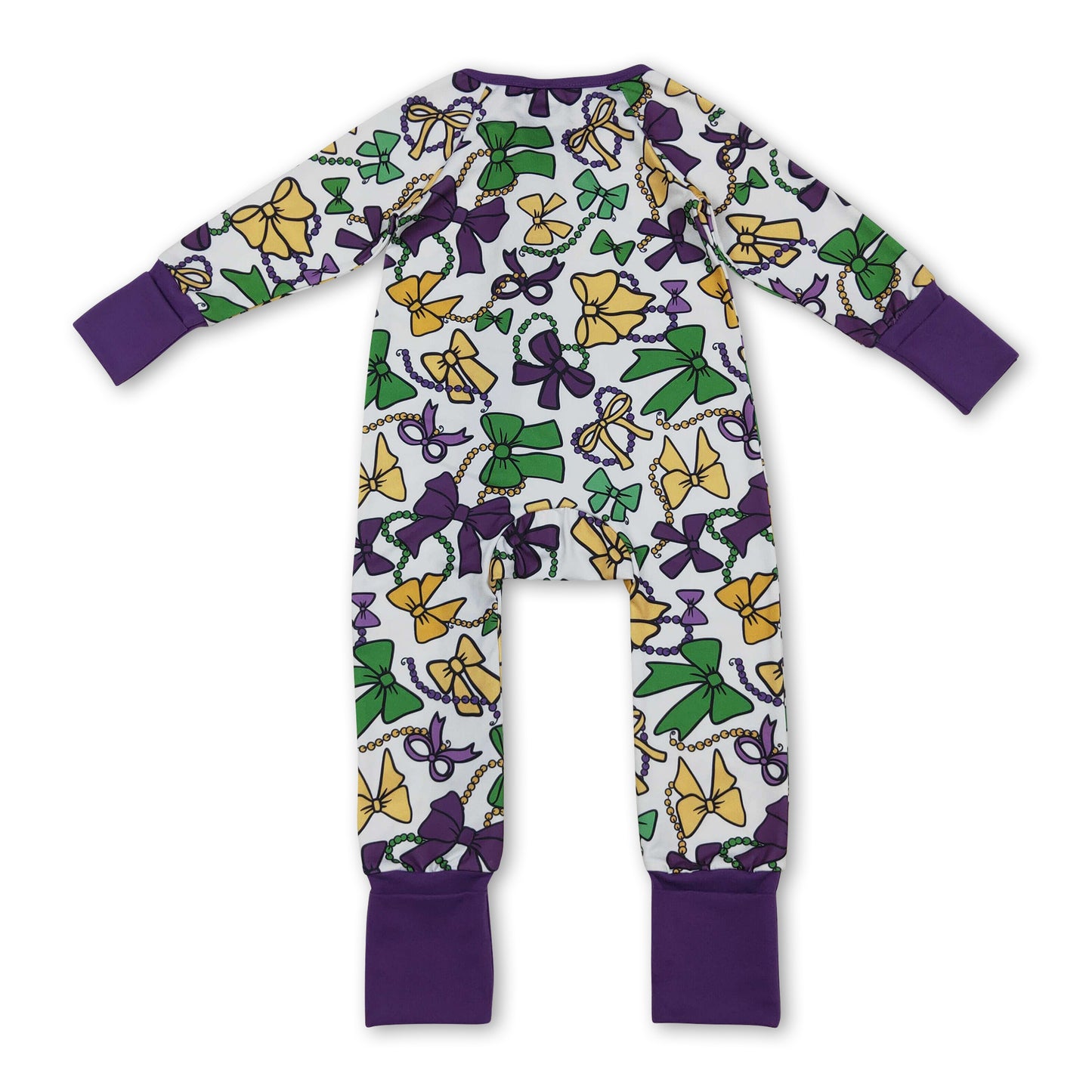 Purple green yellow bows baby Mardi Gras zipper romper