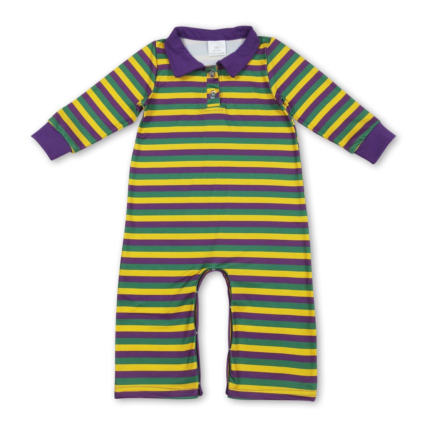Yellow purple green stripe boy Mardi Gras polo romper