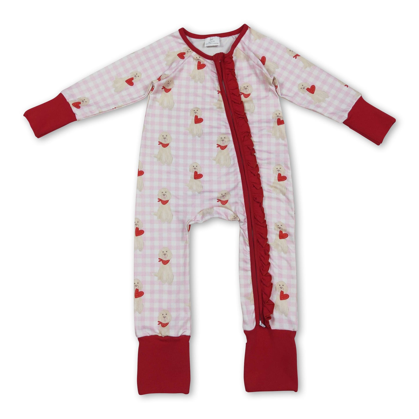 Pink plaid heart dog girls valentine's zipper romper