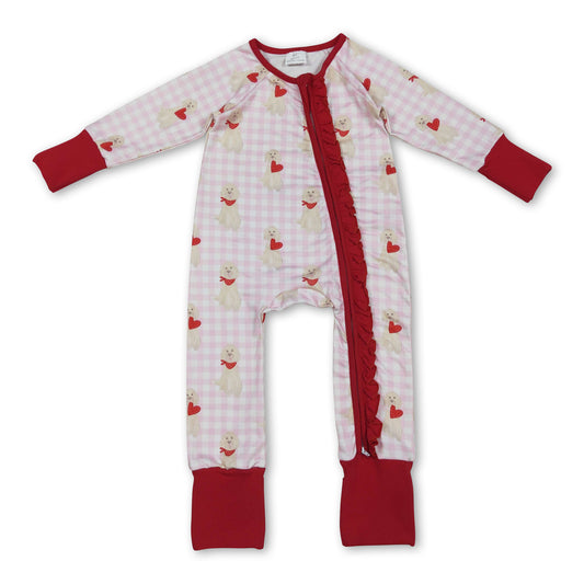 Pink plaid heart dog girls valentine's zipper romper