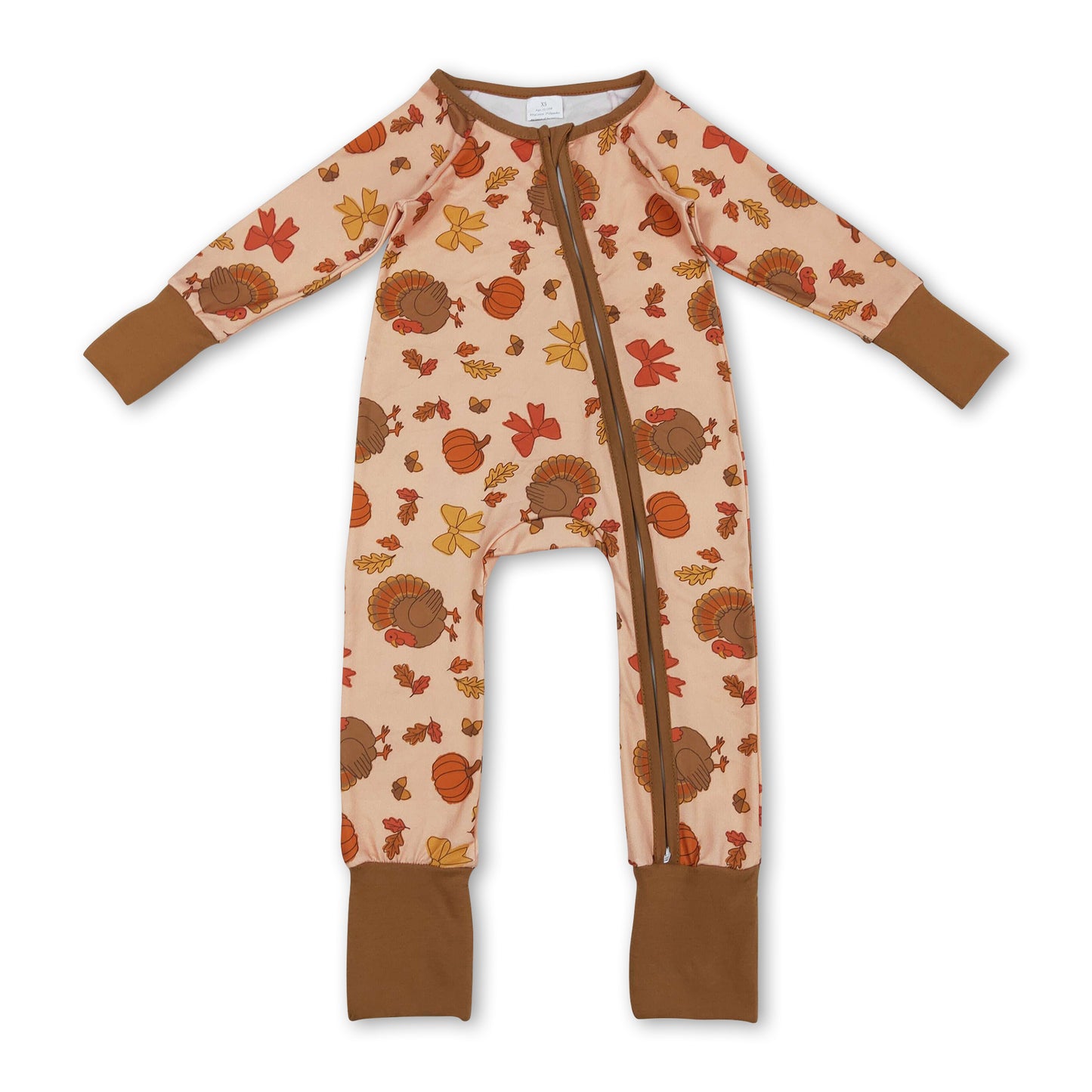 Pumpkin bow turkey baby girls Thanksgiving zip romper
