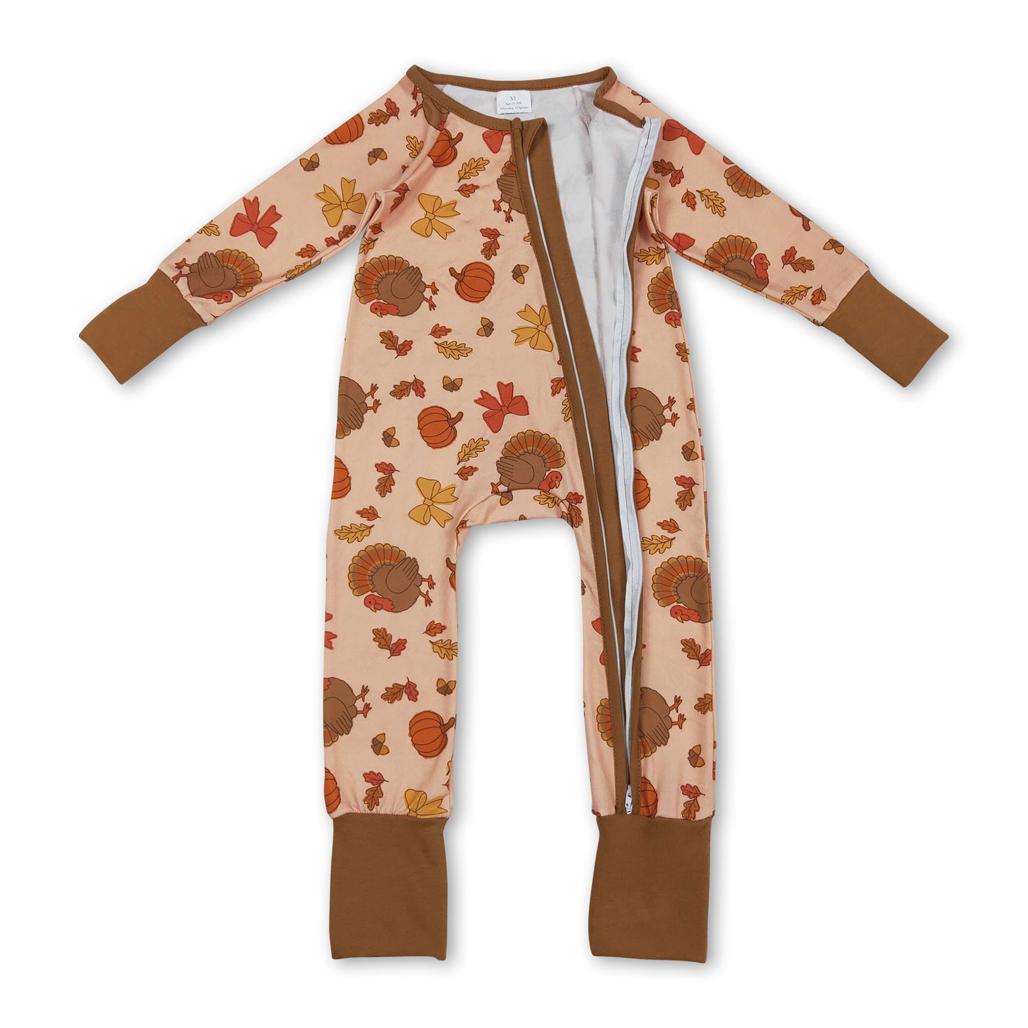 Pumpkin bow turkey baby girls Thanksgiving zip romper