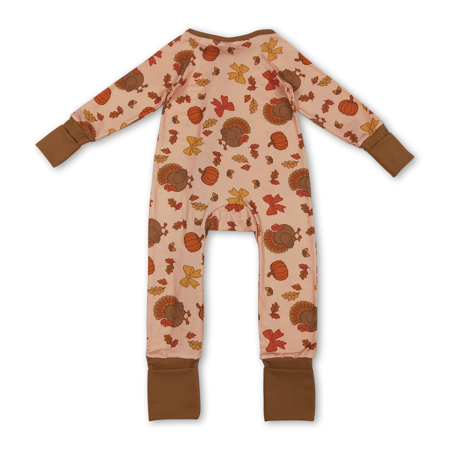 Pumpkin bow turkey baby girls Thanksgiving zip romper