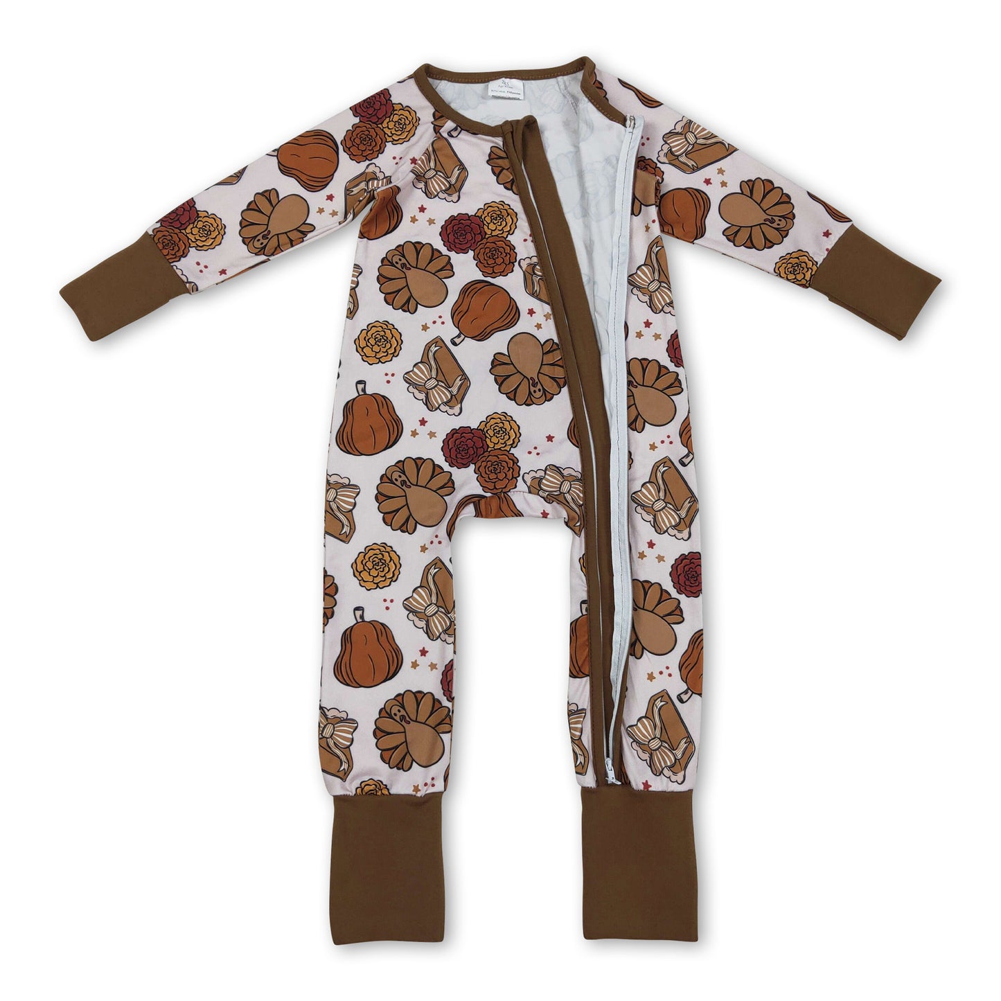 Pumpkin pie bow turkey baby girls Thanksgiving zip romper