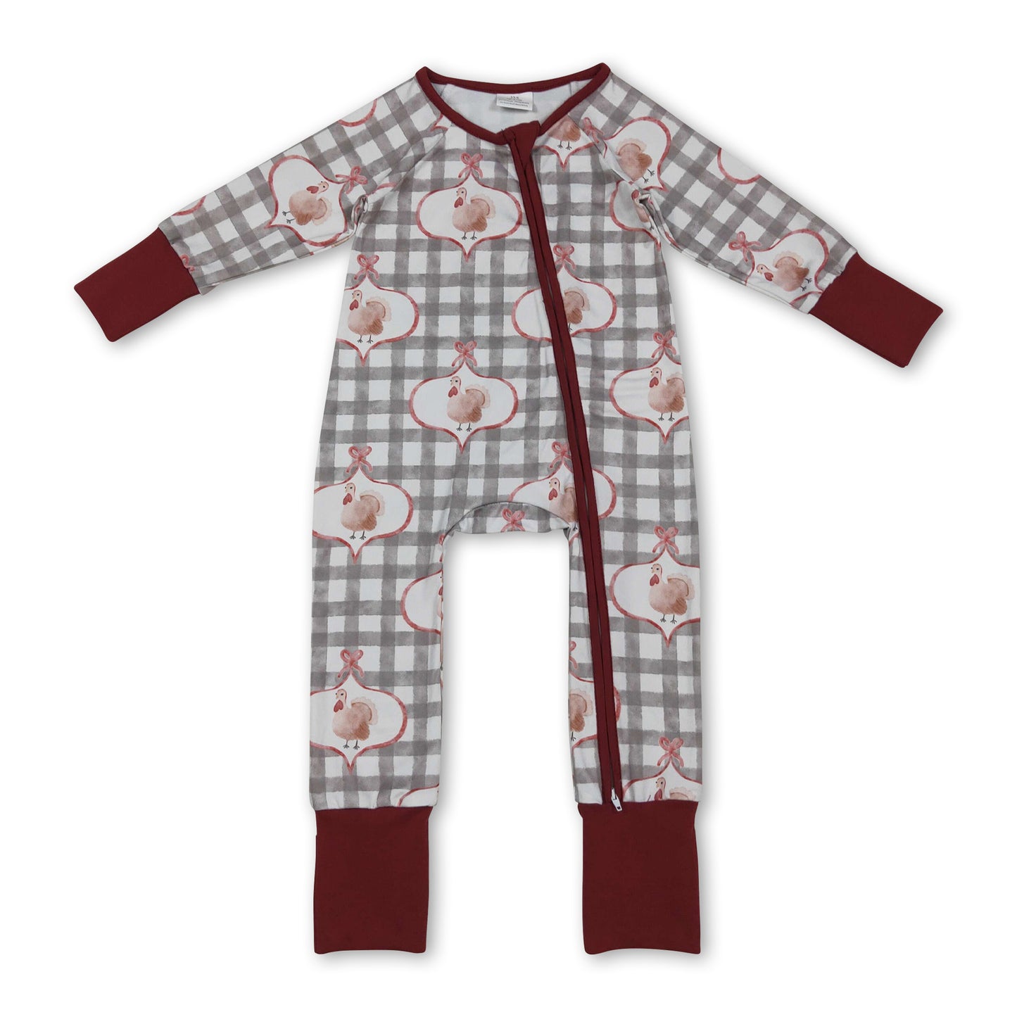 Turkey bow plaid baby girls Thanksgiving zipper romper