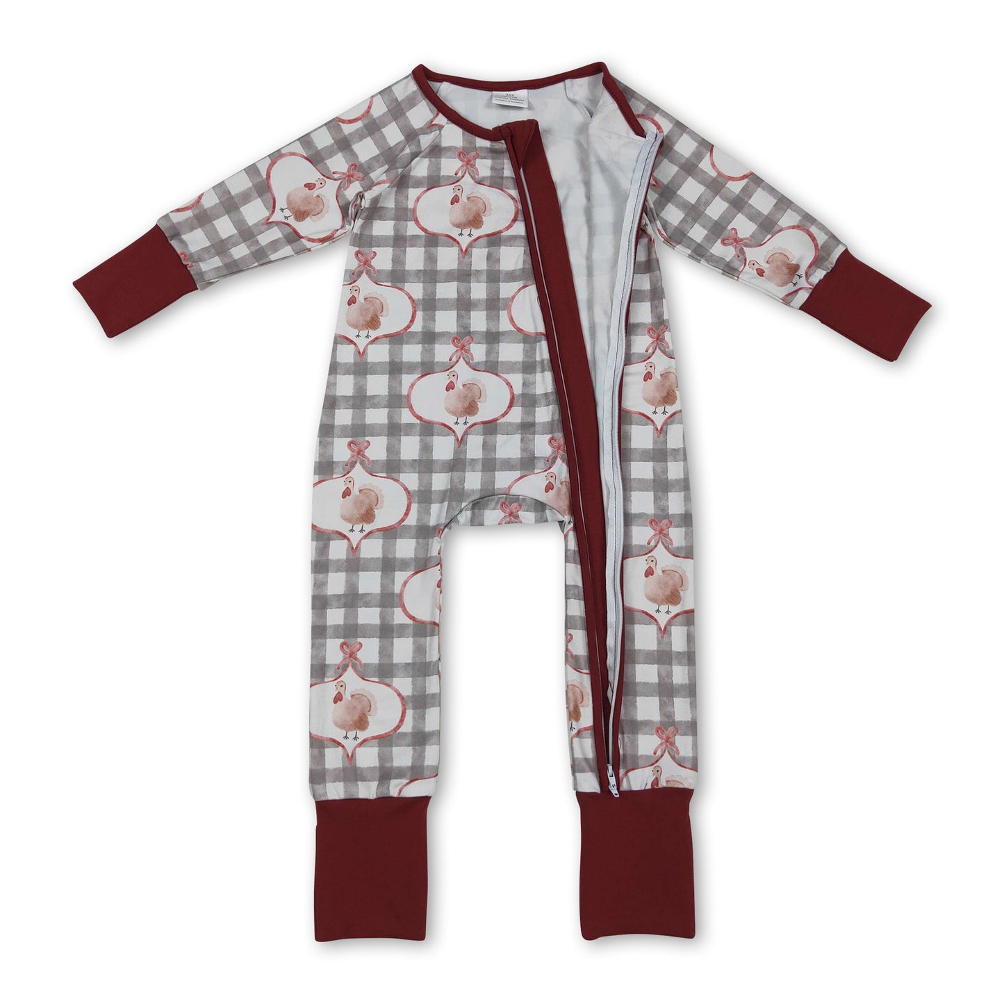 Turkey bow plaid baby girls Thanksgiving zipper romper