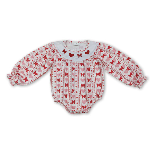 Long sleeves heart bow embroidery girls Valentine's romper