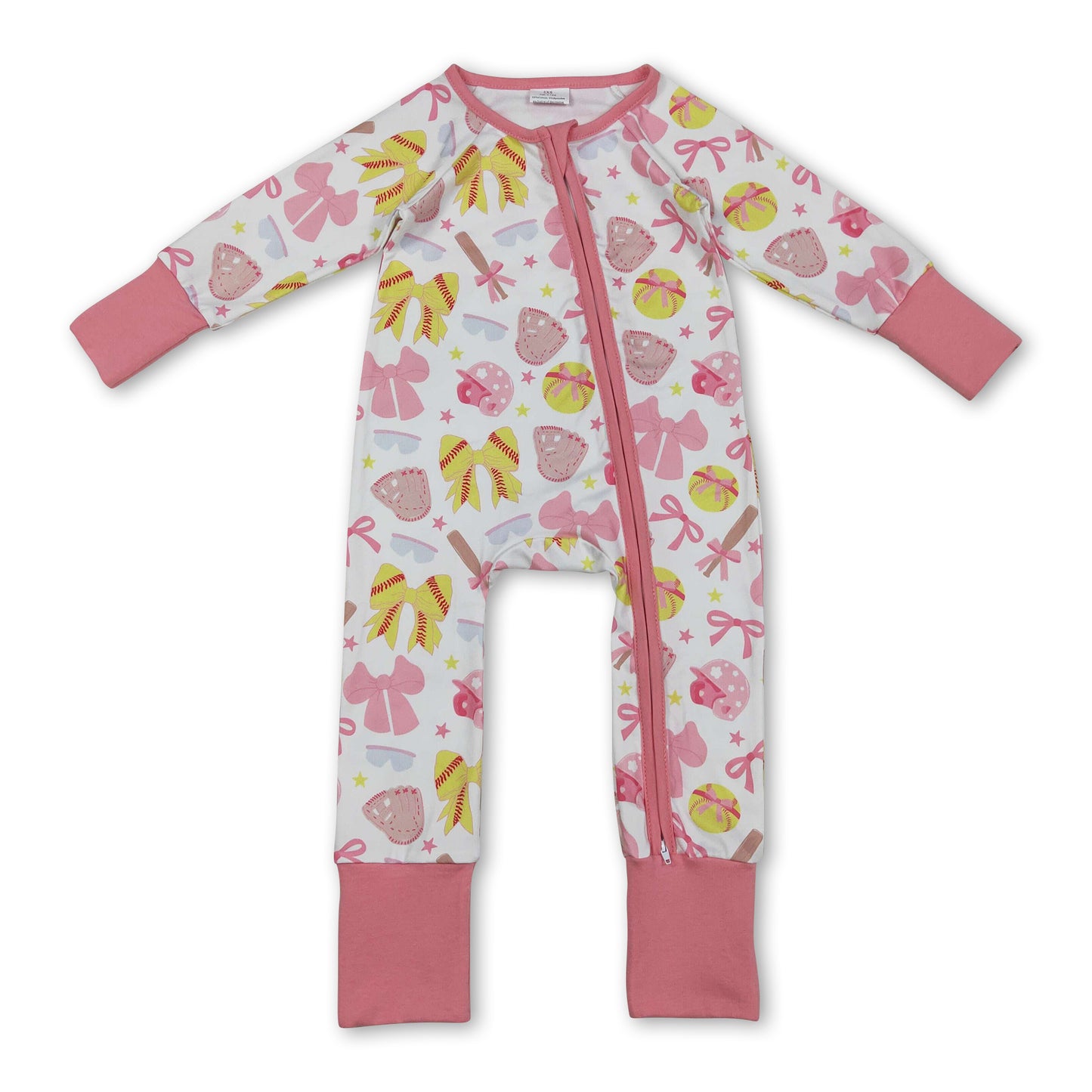 Long sleeves pink bow softball baby girls zipper romper