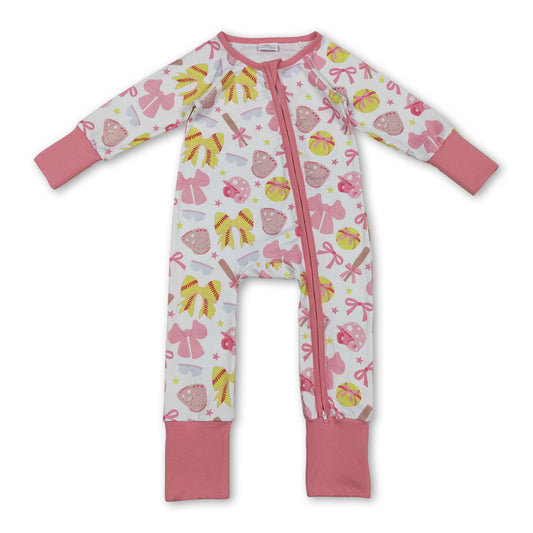 Long sleeves pink bow softball baby girls zipper romper