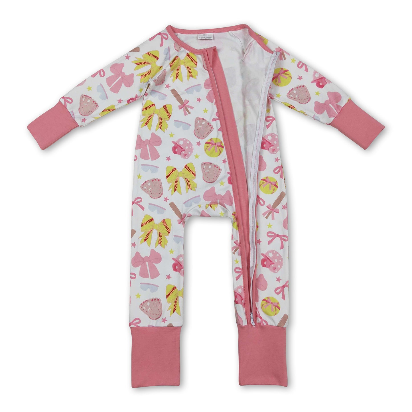 Long sleeves pink bow softball baby girls zipper romper