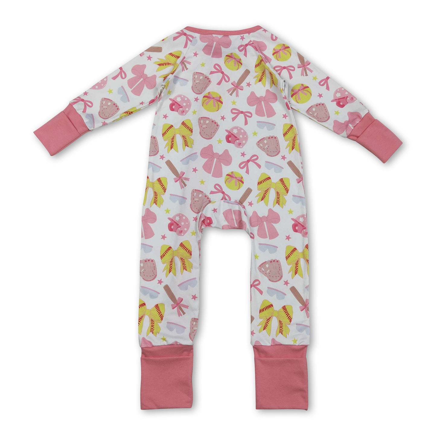 Long sleeves pink bow softball baby girls zipper romper