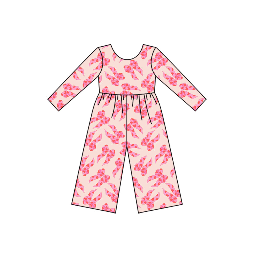 long sleeves pink leopard bows kids girls jumpsuit