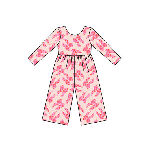 long sleeves pink leopard bows kids girls jumpsuit