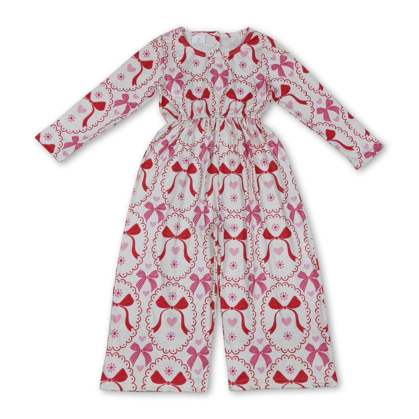 Long sleeves red bows heart kids girls valentine jumpsuit