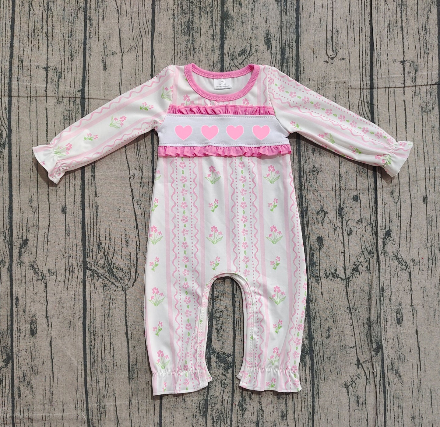 Stripe long sleeves pink flowers heart baby girls Valentine's day romper