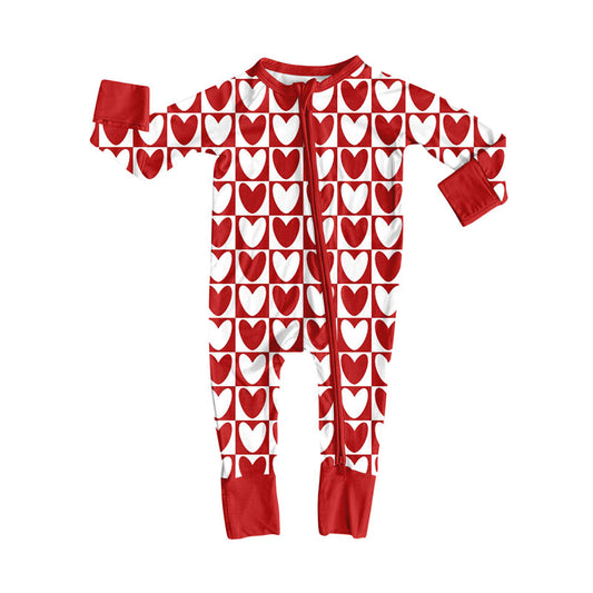 long sleeves red white heart plaid baby girls Valentine's day romper