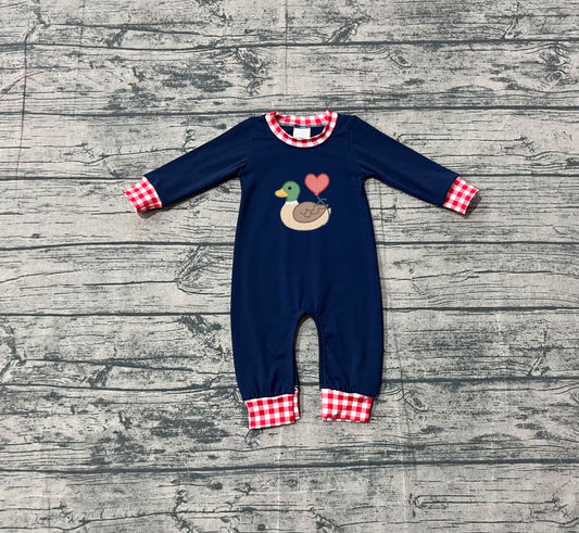 blue long sleeves valentine duck baby boy romper
