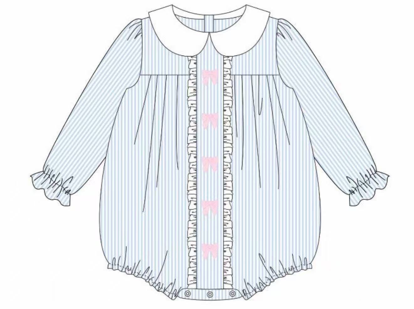 blue stripe long sleeves pink bows baby girl romper