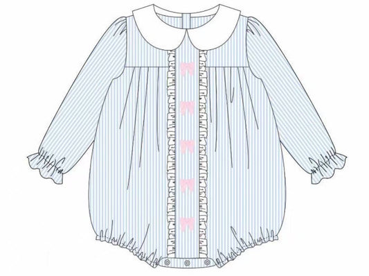 blue stripe long sleeves pink bows baby girl romper