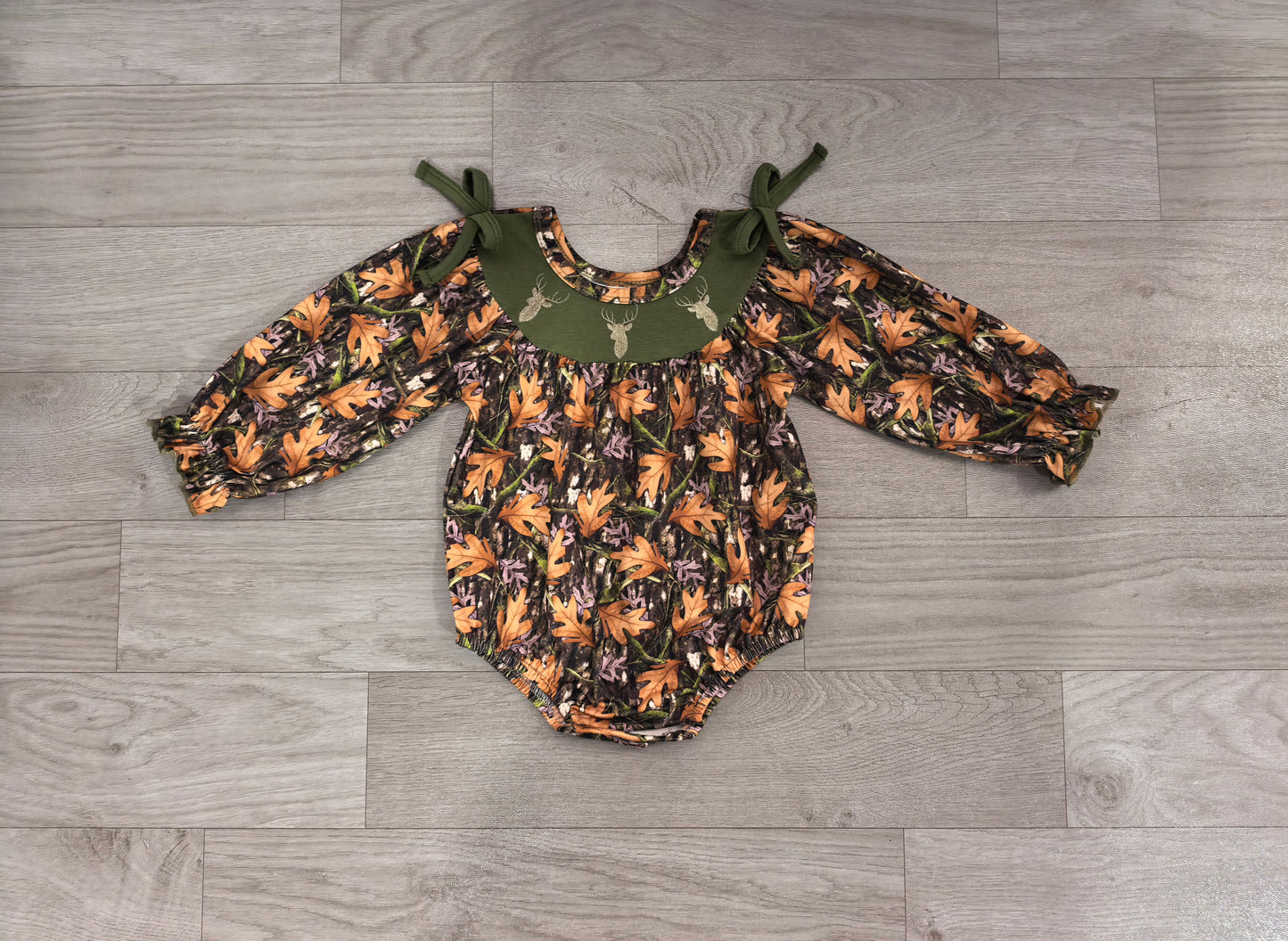 deer smock long sleeves leaves baby girl romper