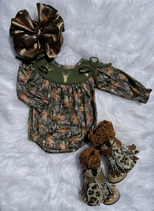 deer smock long sleeves leaves baby girl romper