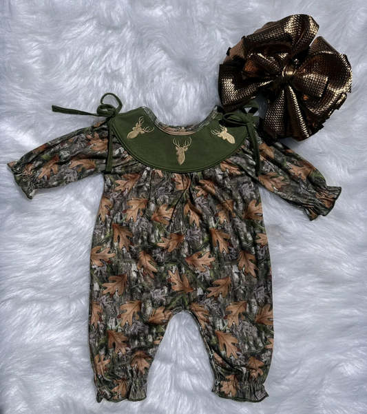 deer smock long sleeves leaves baby boy green romper