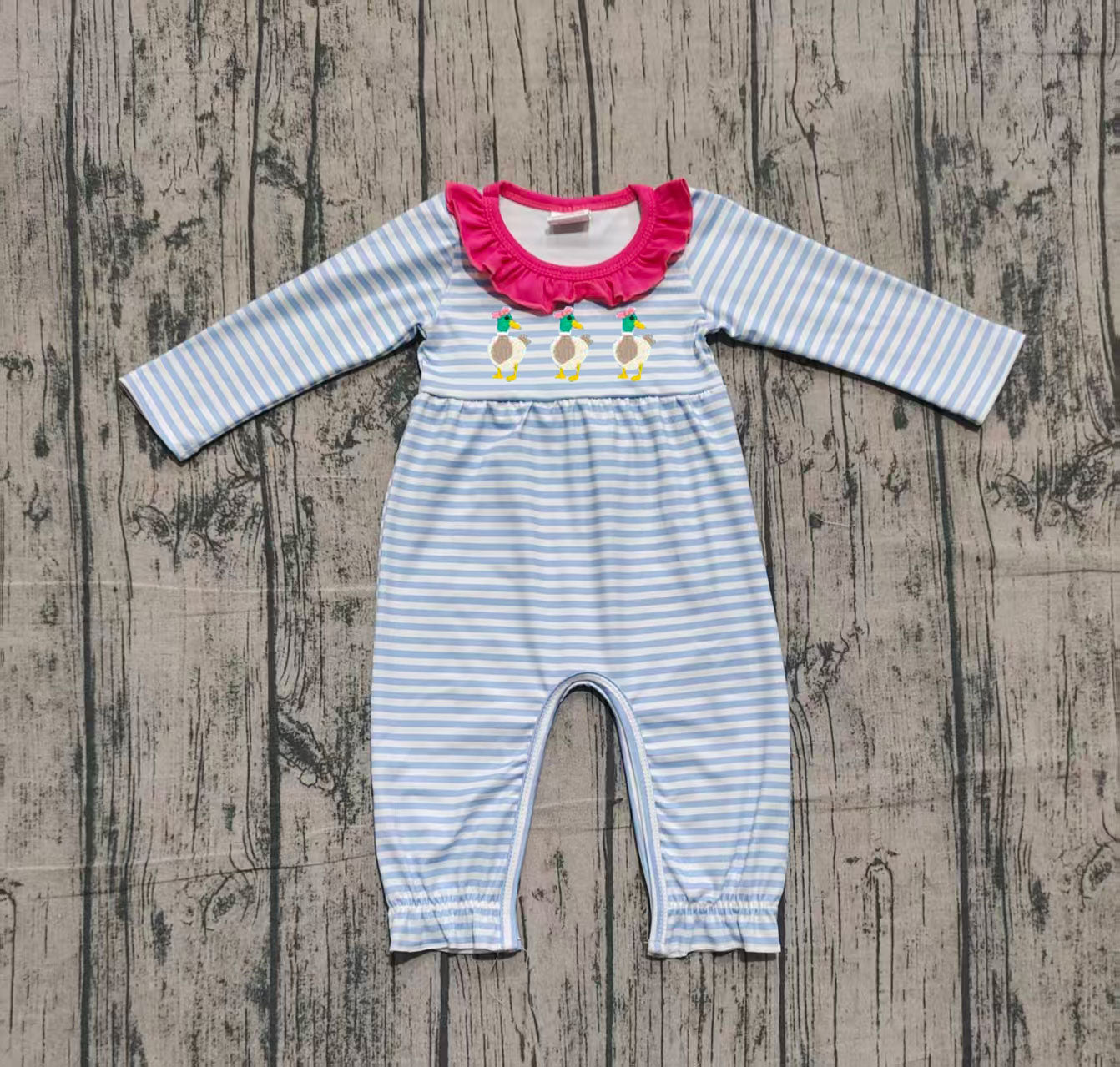 long sleeves blue stripe duck baby romper