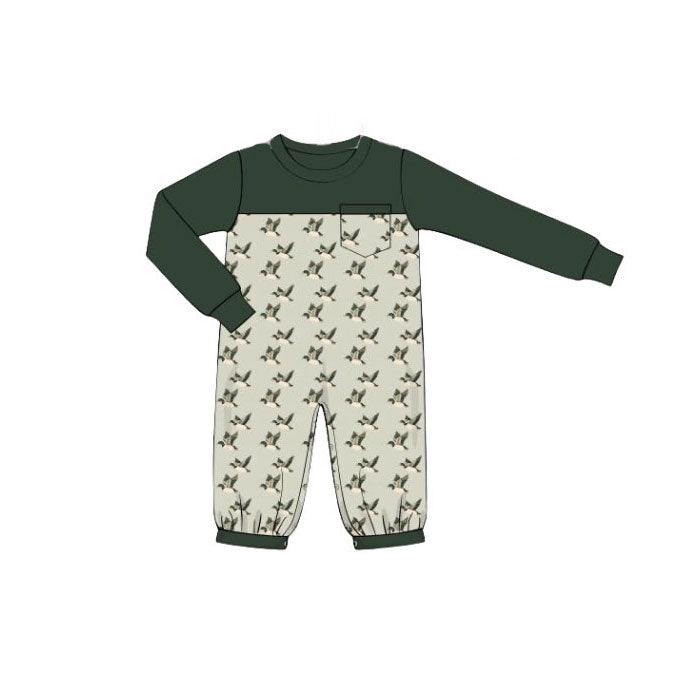 green duck print baby girl long sleeve romper