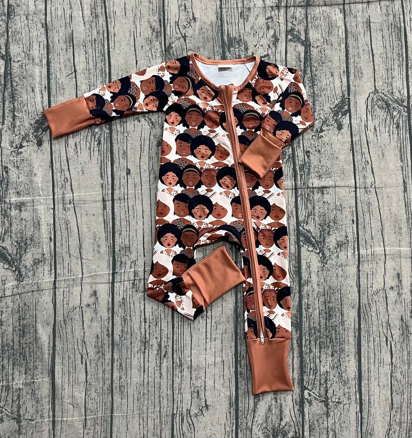brown cartoon print baby girl long sleeve romper